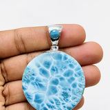 Round AAA Larimar Pendant –High-Grade Blue Turtleback Translucent Double-Sided 925 Sterling Silver