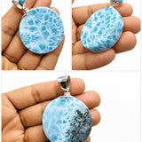 Round AAA Larimar Pendant –High-Grade Blue Turtleback Translucent Double-Sided 925 Sterling Silver
