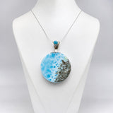 Round AAA Larimar Pendant –High-Grade Blue Turtleback Translucent Double-Sided 925 Sterling Silver