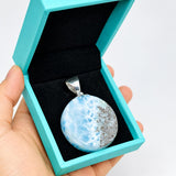 Round AAA Larimar Pendant –High-Grade Blue Turtleback Translucent Double-Sided 925 Sterling Silver