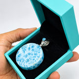 Round AAA Larimar Pendant –High-Grade Blue Turtleback Translucent Double-Sided 925 Sterling Silver