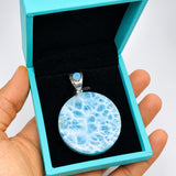 Round AAA Larimar Pendant –High-Grade Blue Turtleback Translucent Double-Sided 925 Sterling Silver