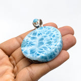Round AAA Larimar Pendant –High-Grade Blue Turtleback Translucent Double-Sided 925 Sterling Silver