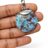 Round Larimar Pendant in 925 Sterling Silver, Red Dominican Stone Specimen