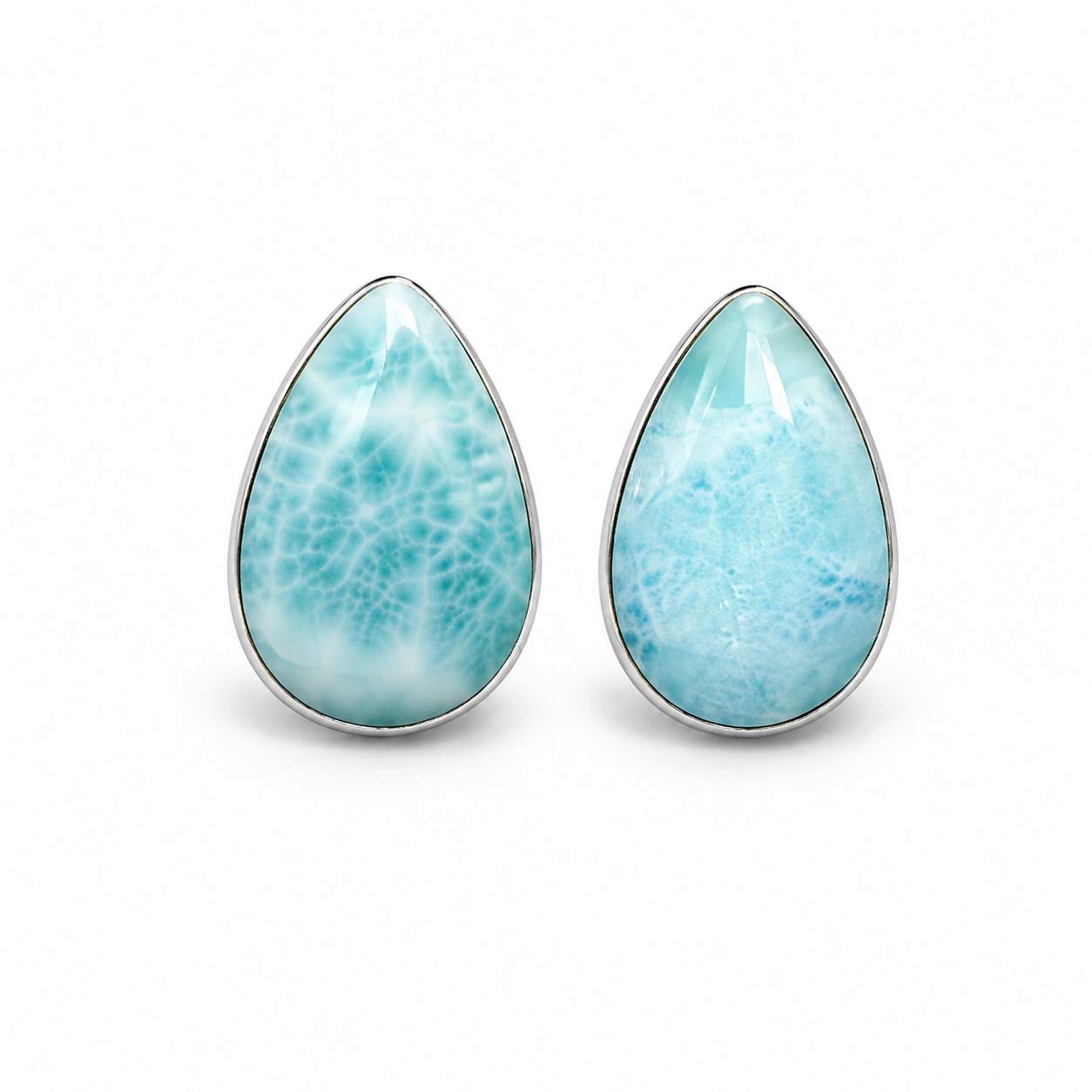 Natural Larimar teardrop stud earrings handcrafted in solid 925 sterling silver with genuine Dominican Larimar gemstones displayed in a luxury jewelry gift box.