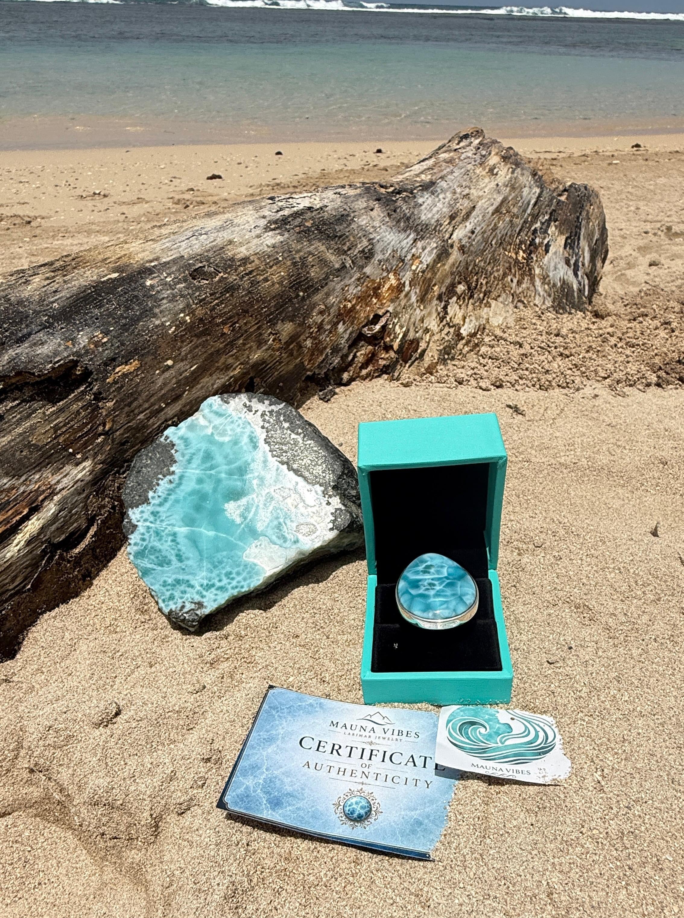 Larimar Ring in 925 Sterling Silver in a beach