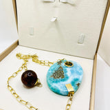 AAA+ Larimar Slab Necklace – Gold Plated Sterling Silver & Dominican Amber