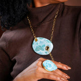 AAA+ Larimar Slab Necklace – Gold Plated Sterling Silver & Dominican Amber