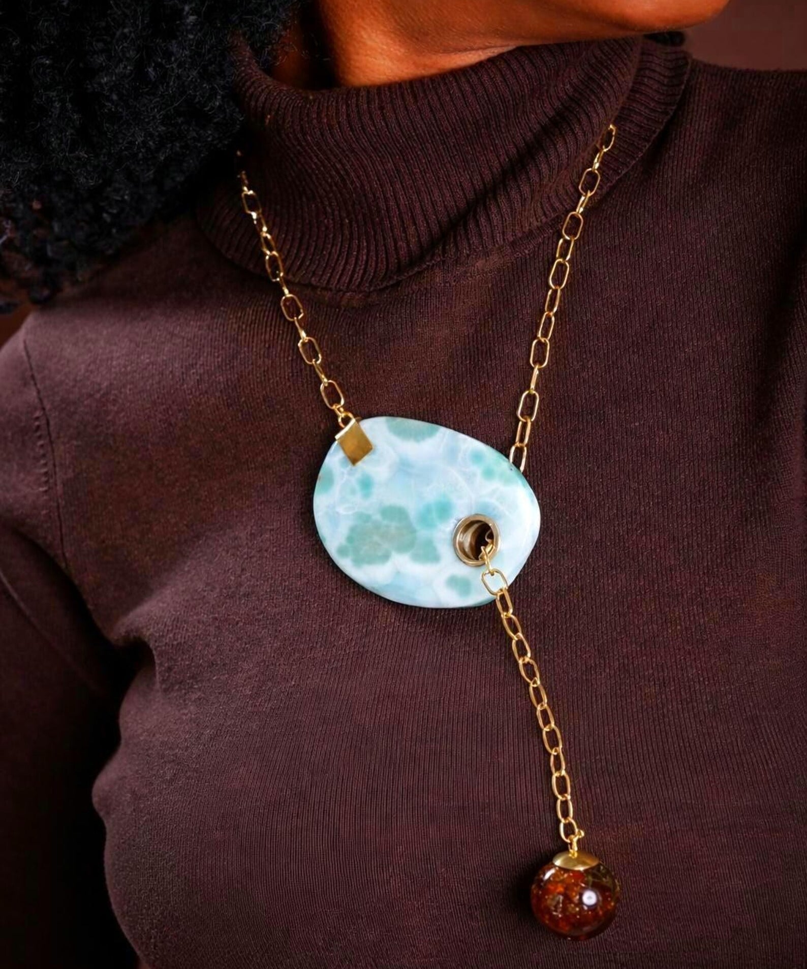 AAA+ Larimar Slab Necklace – Gold Plated Sterling Silver & Dominican Amber