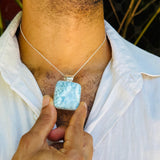 Larimar Square Pendant, 925 Sterling Silver Dominican Blue Stone for Men & Women