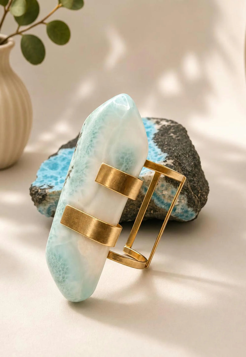 Larimar Slab Cuff Bracelet – 18K Gold Plated Sterling Silver Statement Jewelry