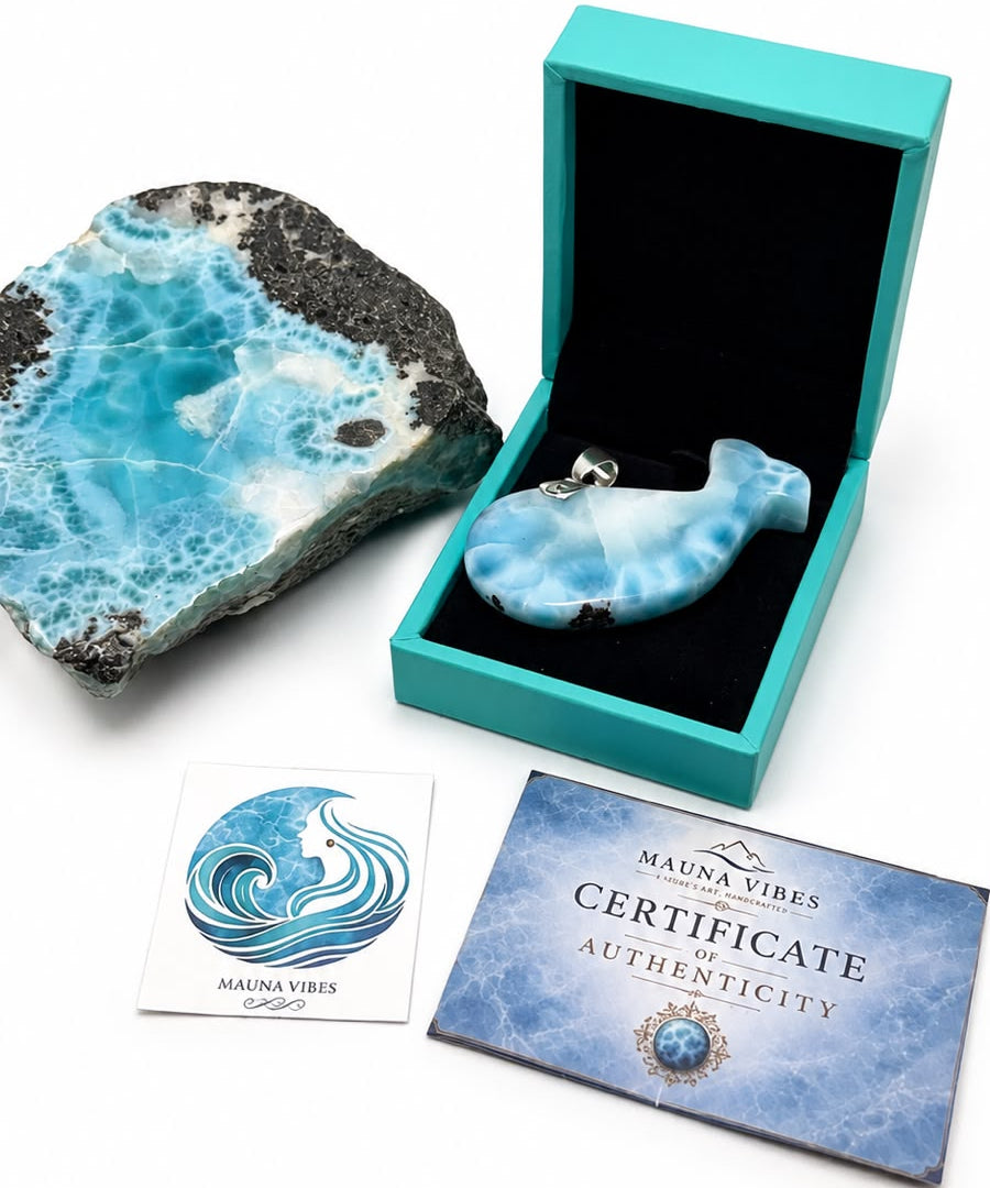 A larimar fish-shaped pendant displayed in an open turquoise box, alongside a large blue-and-black marbled stone, a small branded card, and a certificate card on a white background.