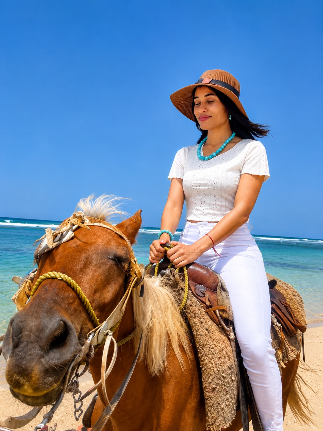 Woman riding a horse on a beach with clear blue sky and ocean with Larimar Necklace and Bracelet