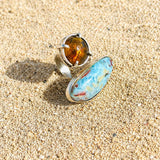 Larimar & Amber Double Stone Ring — Adjustable 925 Sterling Silver Jewelry Gift