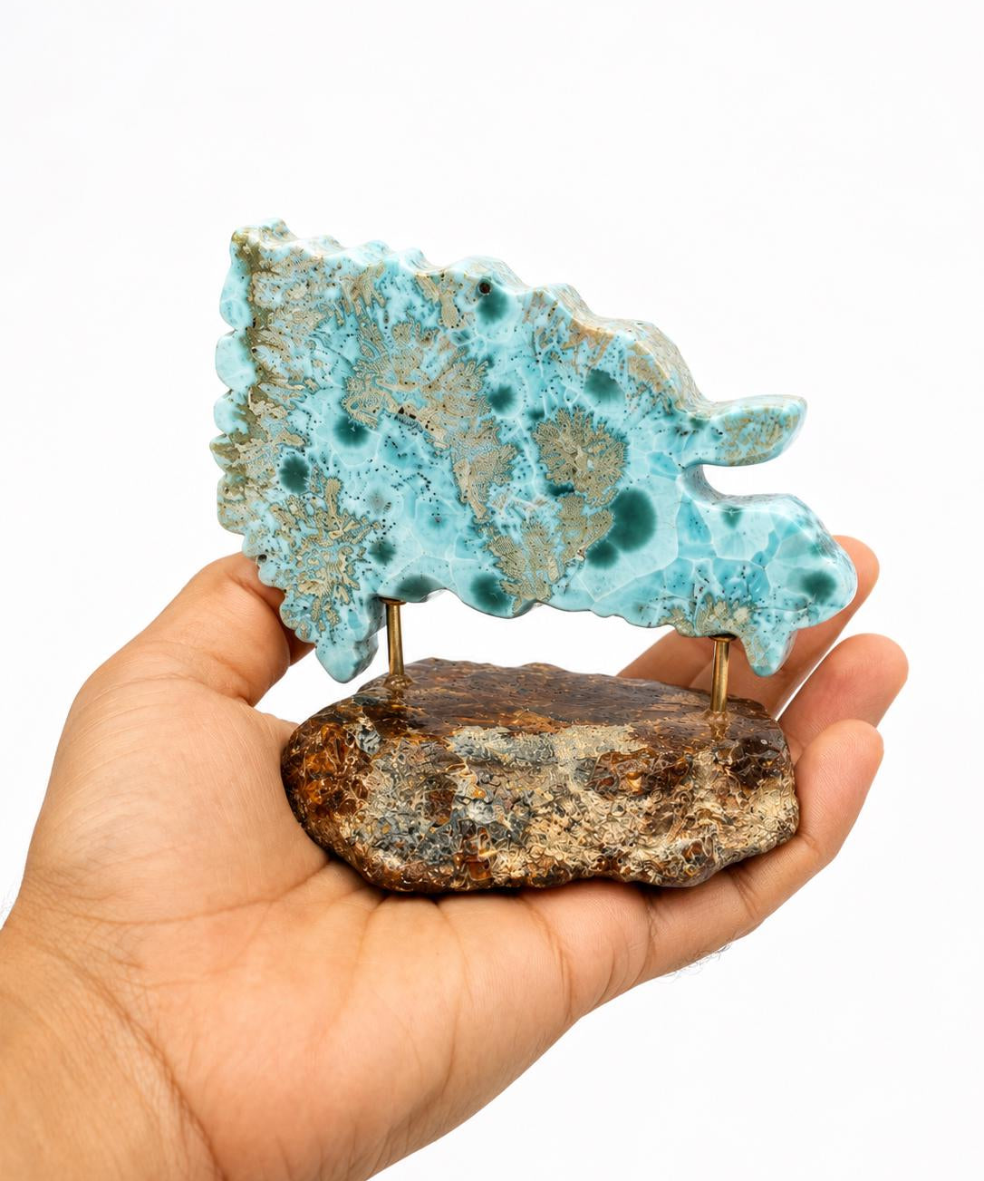 Larimar Dominican Republic Map Sculpture on Dominican Amber Base, Caribbean Home Decor