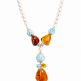 Larimar Necklace with Amber & Pearls- 925 Sterling Silver Jewelry