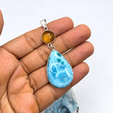 Larimar and Amber Double Pendant in 925 Sterling Silver Teardrop Round Pendant
