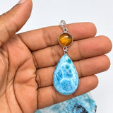 Larimar and Amber Double Pendant in 925 Sterling Silver Teardrop Round Pendant
