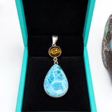Larimar and Amber Double Pendant in 925 Sterling Silver Teardrop Round Pendant
