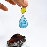 Larimar and Amber Double Pendant in 925 Sterling Silver Teardrop Round Pendant