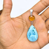 Larimar and Amber Double Pendant in 925 Sterling Silver Teardrop Round Pendant