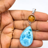 Larimar and Amber Double Pendant in 925 Sterling Silver Teardrop Round Pendant
