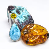 Larimar and Amber Double Pendant in 925 Sterling Silver Teardrop Round Pendant