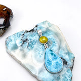Larimar and Amber Double Pendant in 925 Sterling Silver Teardrop Round Pendant
