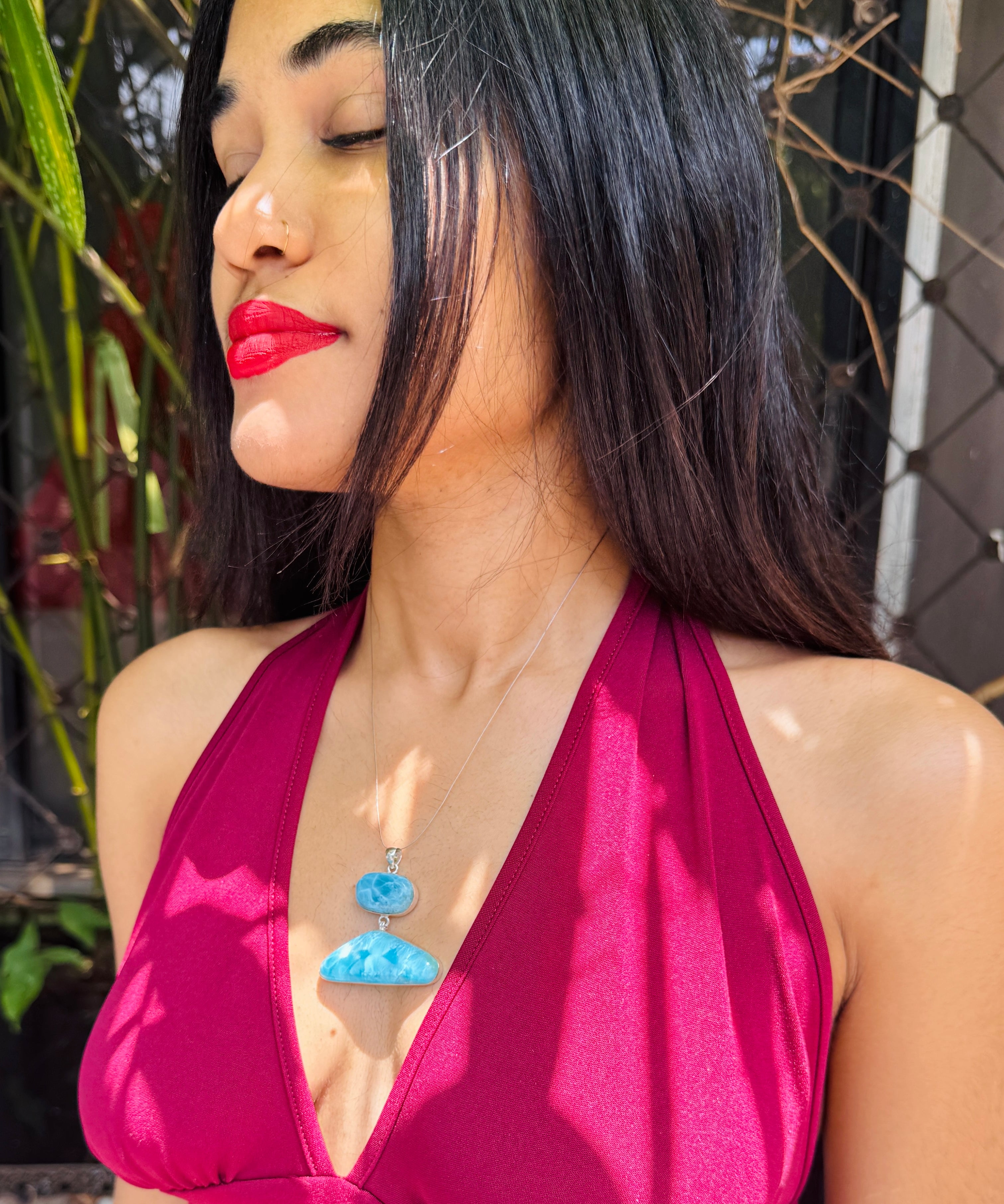 Exclusive Double Larimar Pendant -AAA Larimar Stone Silver Jewelry Women's Gift