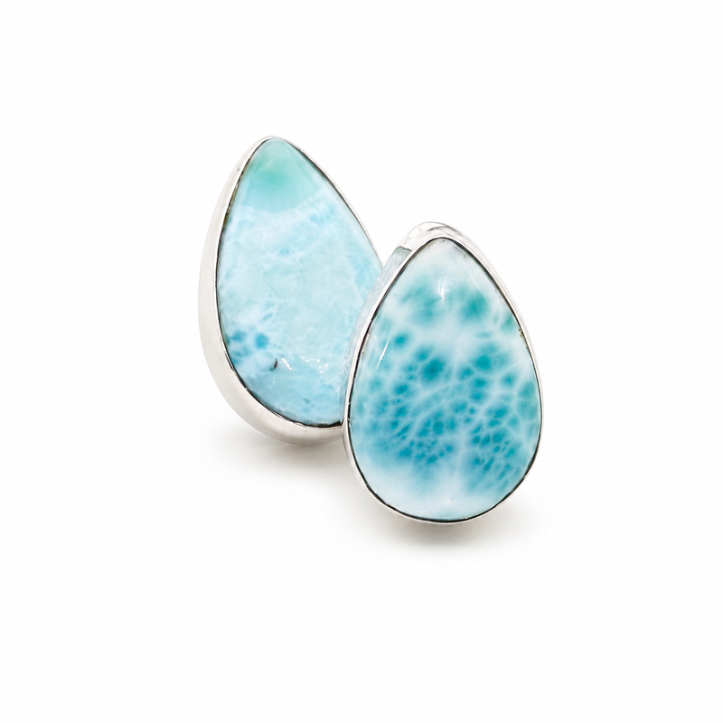 Larimar Teardrop Stud Earrings – Bezel Set 925 Sterling Silver