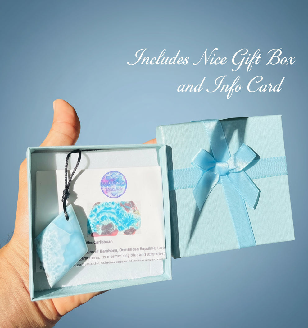 Larimar Diamond-Shaped Pendant Necklace – Genuine Blue Crystal on Adjustable Rope For Men and Women.