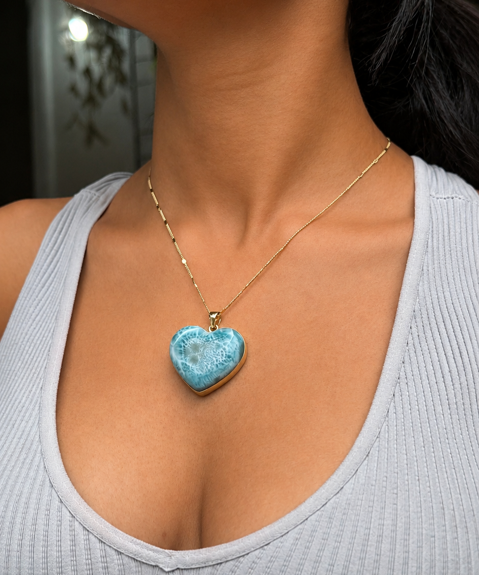 Larimar Gold Heart Pendant – 18k Gold Plated 925 Sterling Silver, Genuine Dominican Blue Stone