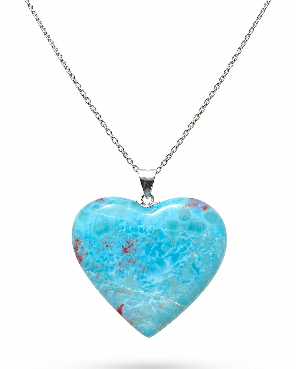 A heart-shaped Larimar pendant necklace with a silver chain, displayed against a clean white background.