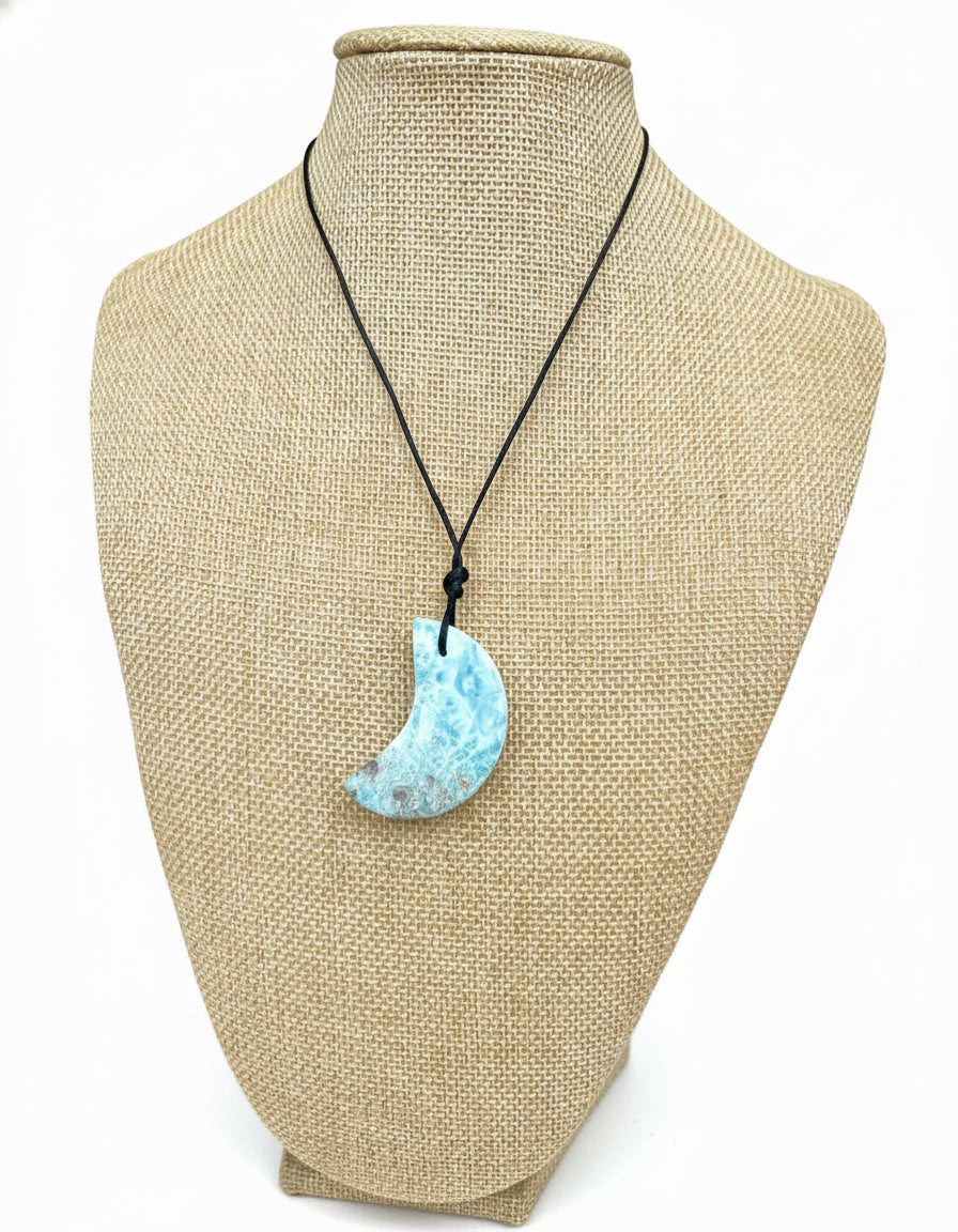 Larimar Moon Necklace – Unisex Adjustable Blue Crystal Pendant - Handmade in the Dominican Republic