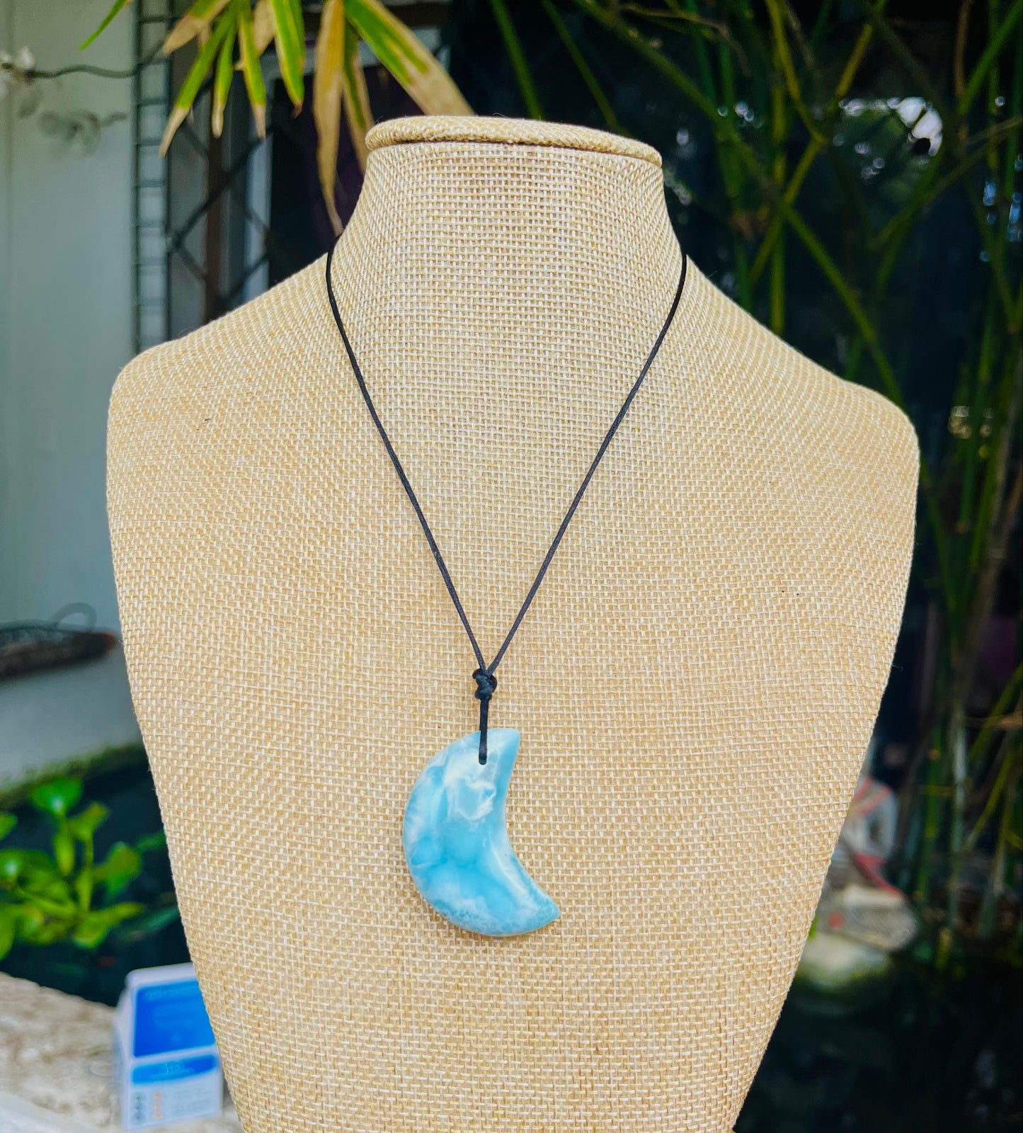 Larimar Moon Necklace – Unisex Adjustable Blue Crystal Pendant - Handmade in the Dominican Republic