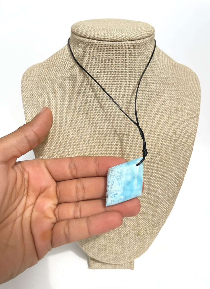 Larimar Diamond-Shaped Pendant Necklace – Genuine Blue Crystal on Adjustable Rope For Men and Women.