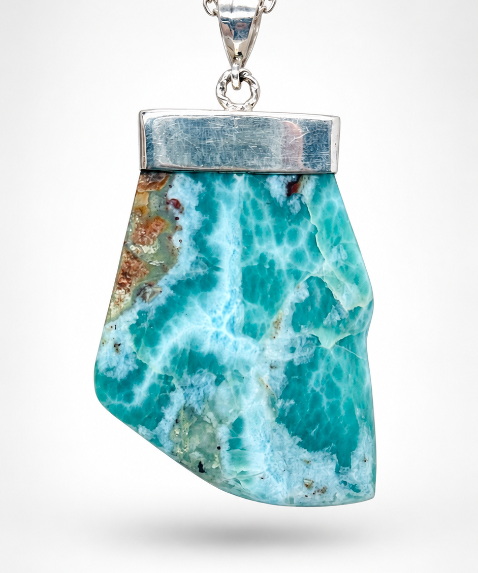 Larimar Stone Necklace 925 sterling silver on a white background 