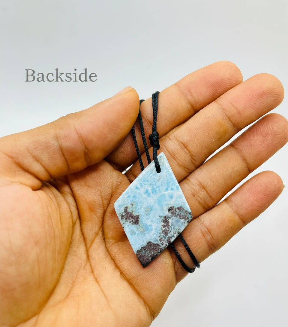 Larimar Diamond-Shaped Pendant Necklace – Genuine Blue Crystal on Adjustable Rope For Men and Women.