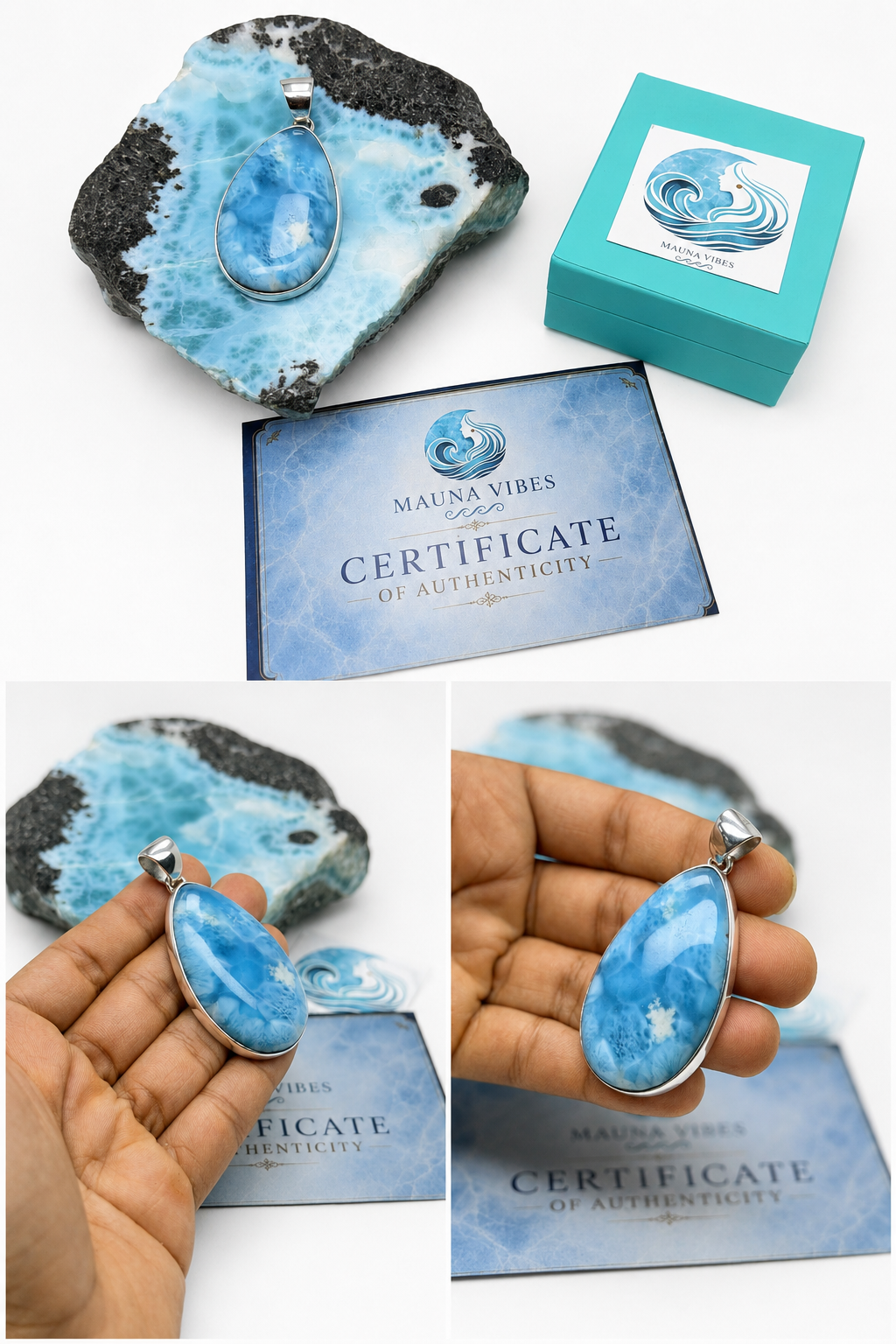 A collage showing a blue stone pendant with a silver bezel, displayed on a blue-and-black mineral specimen, next to a turquoise branded box and a certificate card. Two inset photos show a hand holding the pendant for scale and detail.