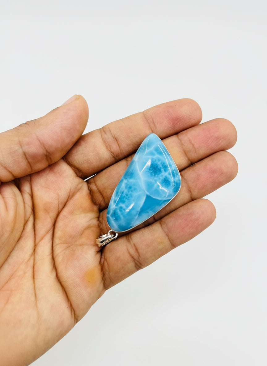 Larimar AAA Exclusive Deep Blue Azul Aqua Pendant, Fully Covered in 925 Sterling Silver
