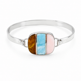 Larimar, Pink Coral & Dominican Amber Sterling Silver Bracelet White background 
