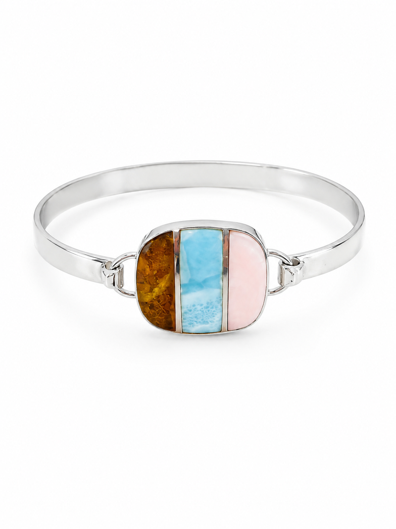 Larimar, Pink Coral & Dominican Amber Sterling Silver Bracelet White background 