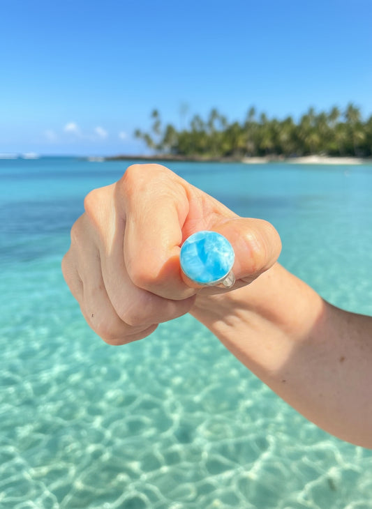 Larimar Adjustable Ring 925 Sterling Silver - Natural Dominican Blue Stone Ring for Women
