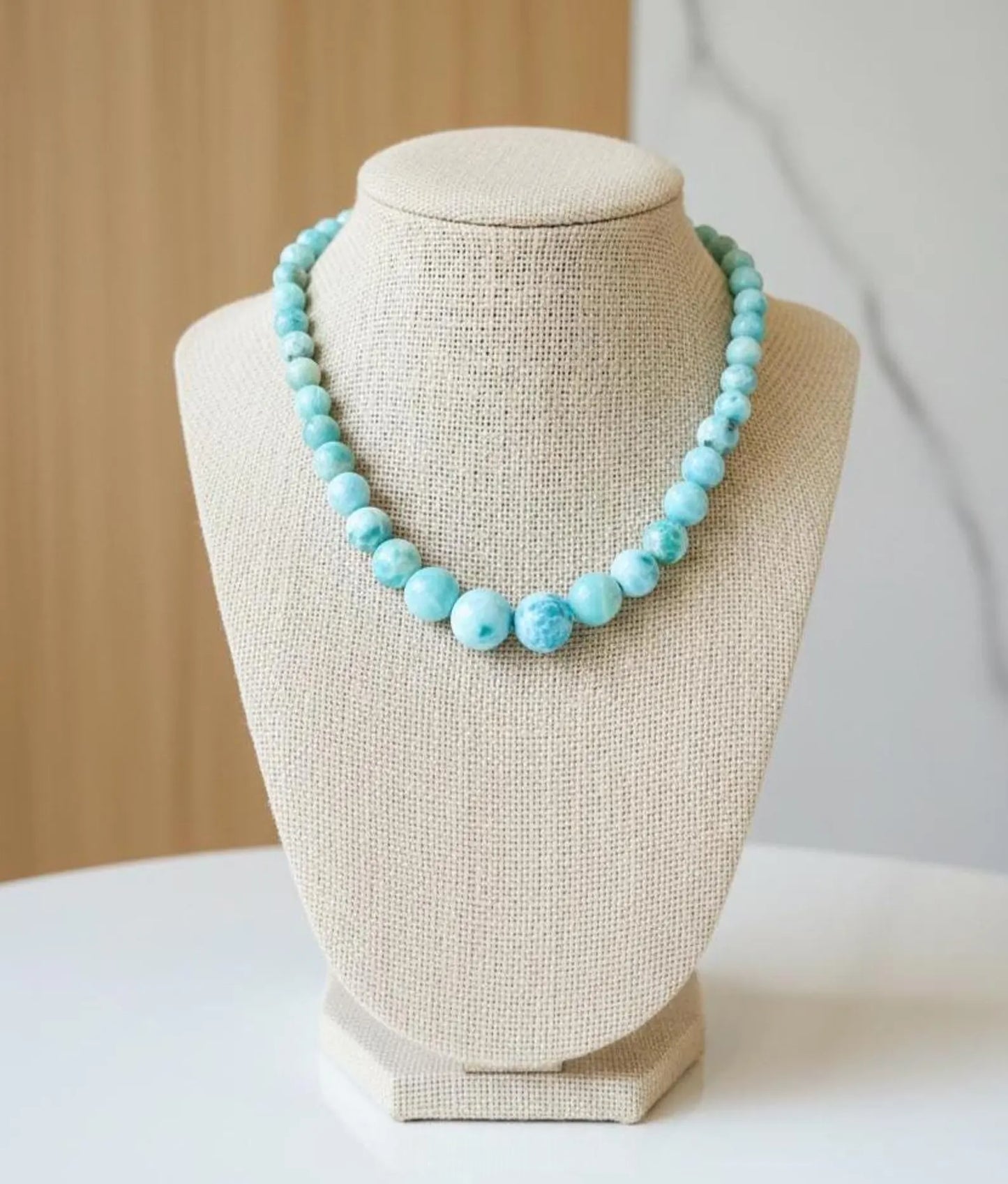Larimar Bead Necklace in 925 Sterling Hook, Genuine Larimar Beads 8–16mm