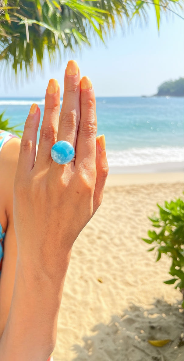 Larimar Adjustable Ring 925 Sterling Silver - Natural Dominican Blue Stone Ring for Women