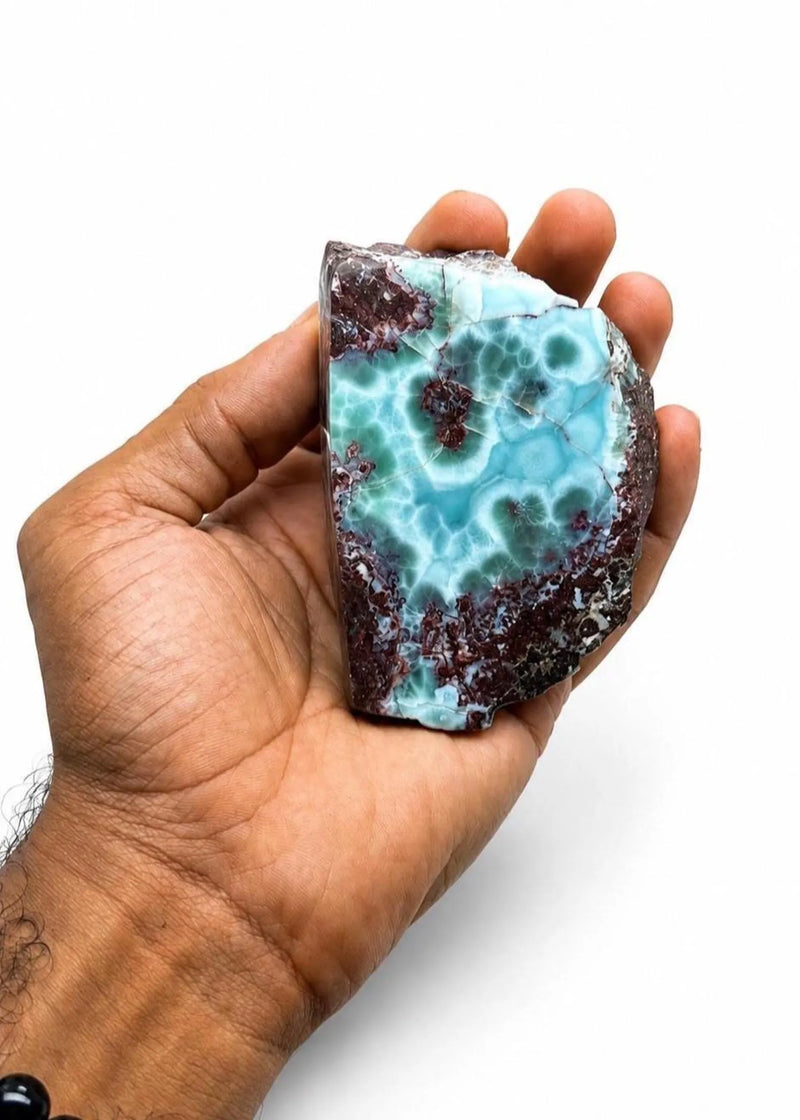 Larimar Polished & Raw Specimen – 398g Genuine Larimar Stone with Blue and Red Matrix, Collector Gemstone