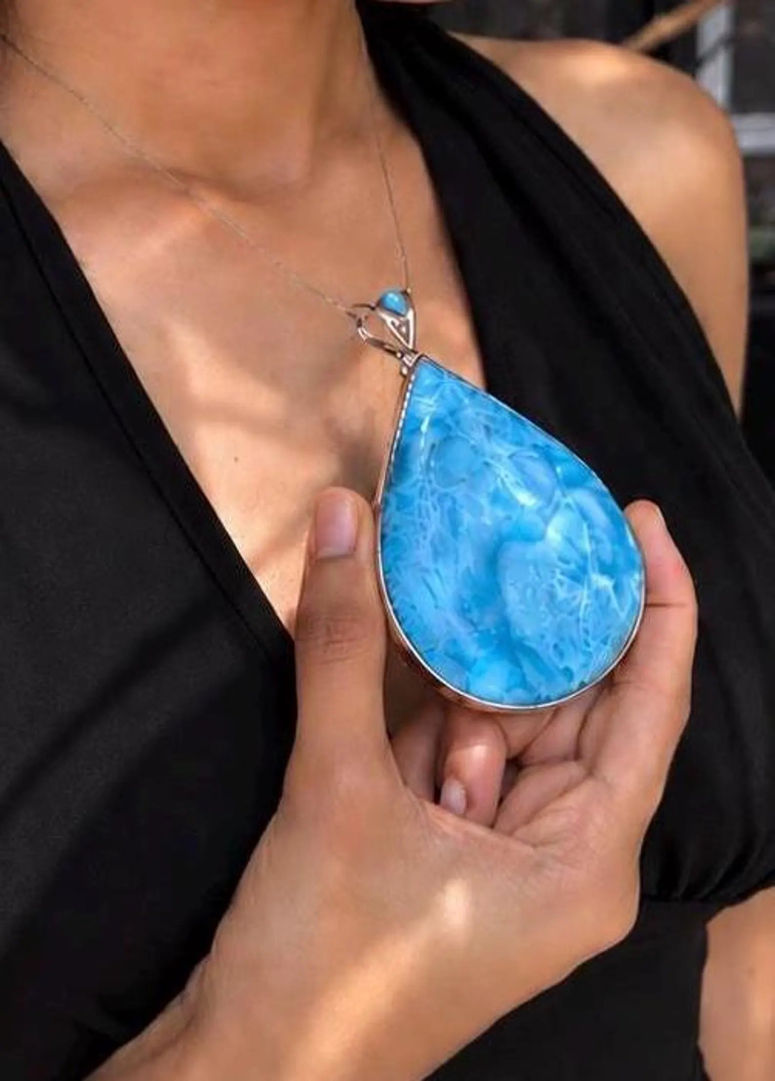 Collector grade Dominican Larimar pendant in 925 sterling silver, additional view, as gifting, Mauna Vibes