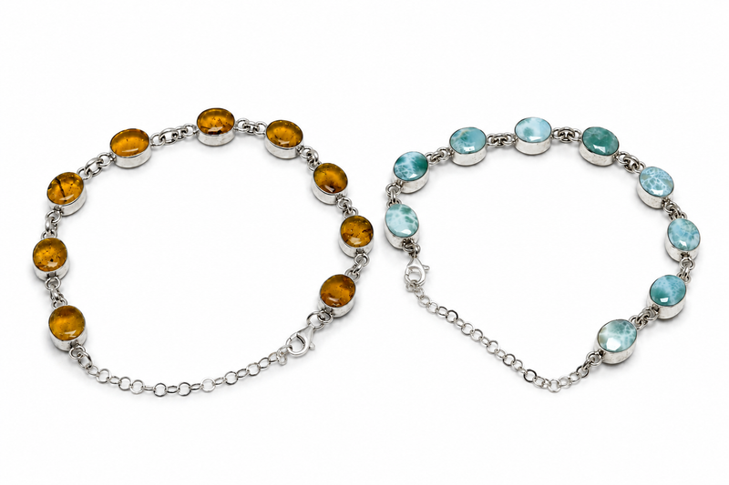 Larimar & Dominican Amber Bracelet in 925 Sterling Silver