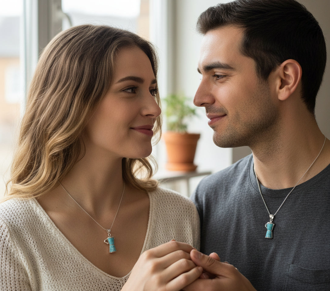 hand holding Larimar coffee maker blue