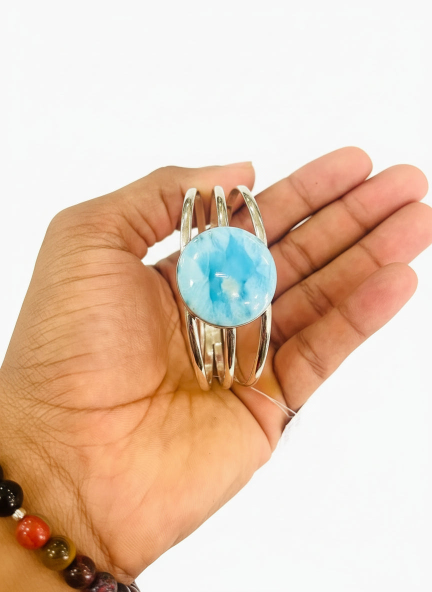 Larimar Triple-Band Cuff Bracelet – Exclusive  925 Sterling Silver Caribbean Blue Stone Jewelry for Women